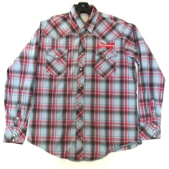 Roper Shirt Western Budweiser Hexagon Snap-Up Long-Sleeved Plaid Men's Large - Picture 1 of 11